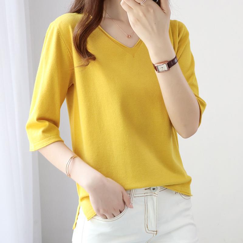 针织短袖女宽松针织衫秋季新款薄打底衫五分袖v领初秋女上衣轻熟