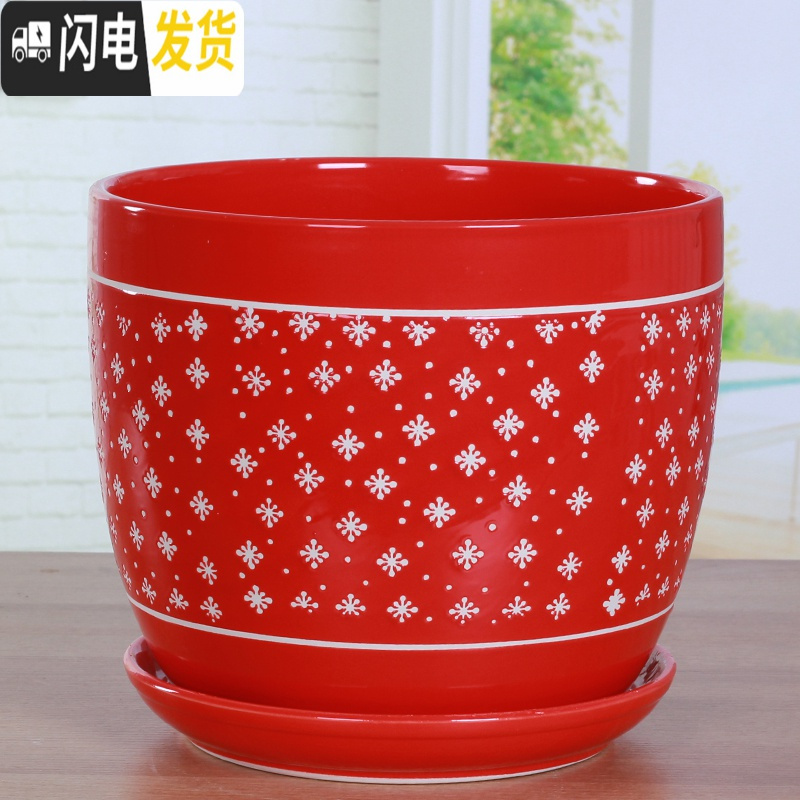 三维工匠中国风大红色陶瓷花盆批发有孔/喜庆花盆纯红个性创意花盆/免邮 086//红 20-22cm花盆容器高清大图
