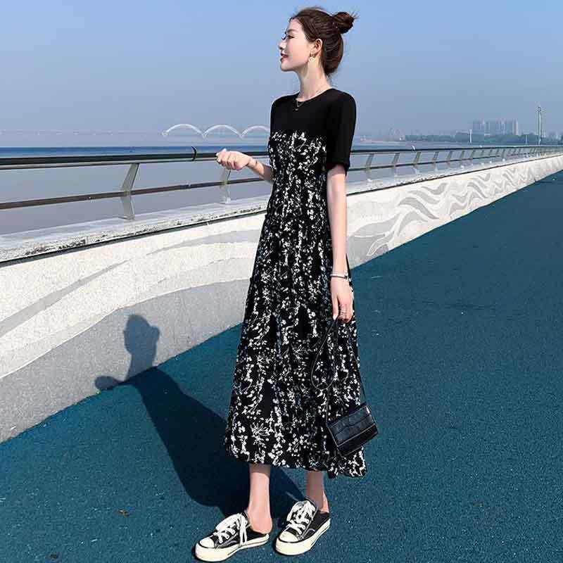 连衣裙女2021夏新款大码女装中长款雪纺拼接碎花裙气质高腰显瘦裙 图片色(优质面料 短袖) S