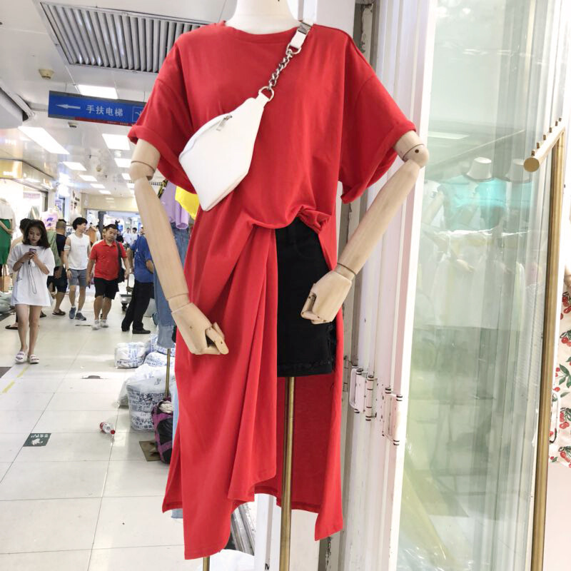 特惠2018夏装纯色短袖T恤连衣裙宽松休闲过膝中长款套头裙子女装红色均码