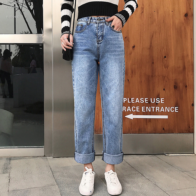 SH苼荟直筒裤女宽松2019秋季新款网红牛仔裤怪味裤子女高腰九分老爹长裤sh1687