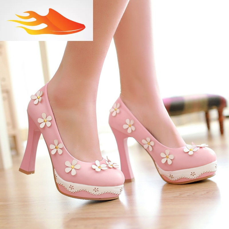 fish basket18新款韩版甜美淑女粉色小清新浅口圆头高跟单鞋粗跟蕾丝