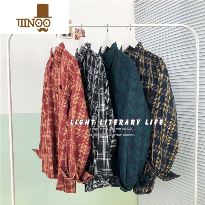YANXU复古工装格子衬衫男长袖潮流宽松休闲打底衬衣情侣百搭外套高清大图