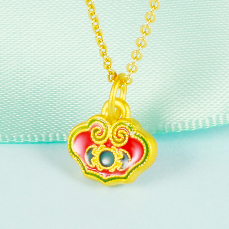足金999福禄锁双面可戴吊坠3D硬金烧蓝坠子送闺女生日端午节礼物