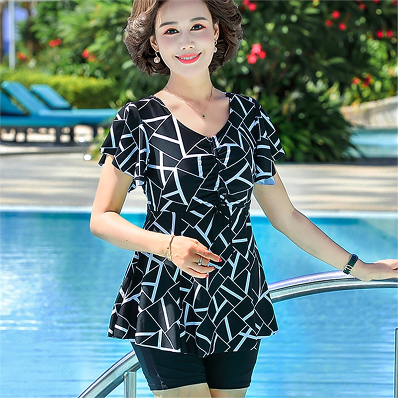 佑游泳衣女妈妈款遮肚显瘦分体保守中老年人大码温泉款女士游泳衣泳装