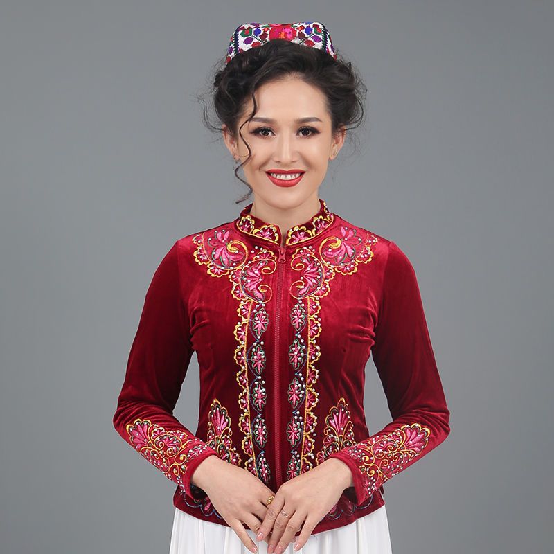新疆舞蹈演出服女维吾尔族成人春秋季金丝绒绣花衣长袖外套