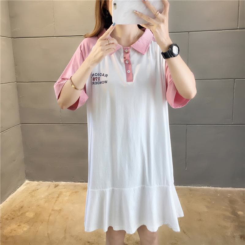 T恤裙女宽松韩版中长款2019新款红设计感体恤连衣裙图片