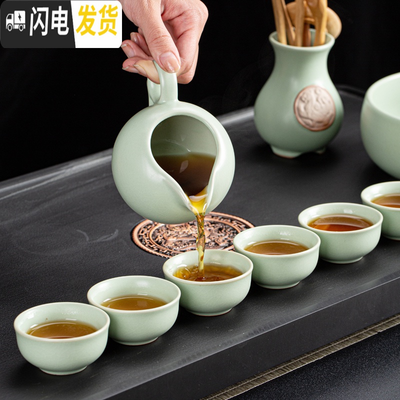 三维工匠简约汝窑茶具套装开片汝瓷整套陶瓷功夫茶具冰裂盖碗家用茶壶大号 介福汝窑《盖碗》10件套高清大图