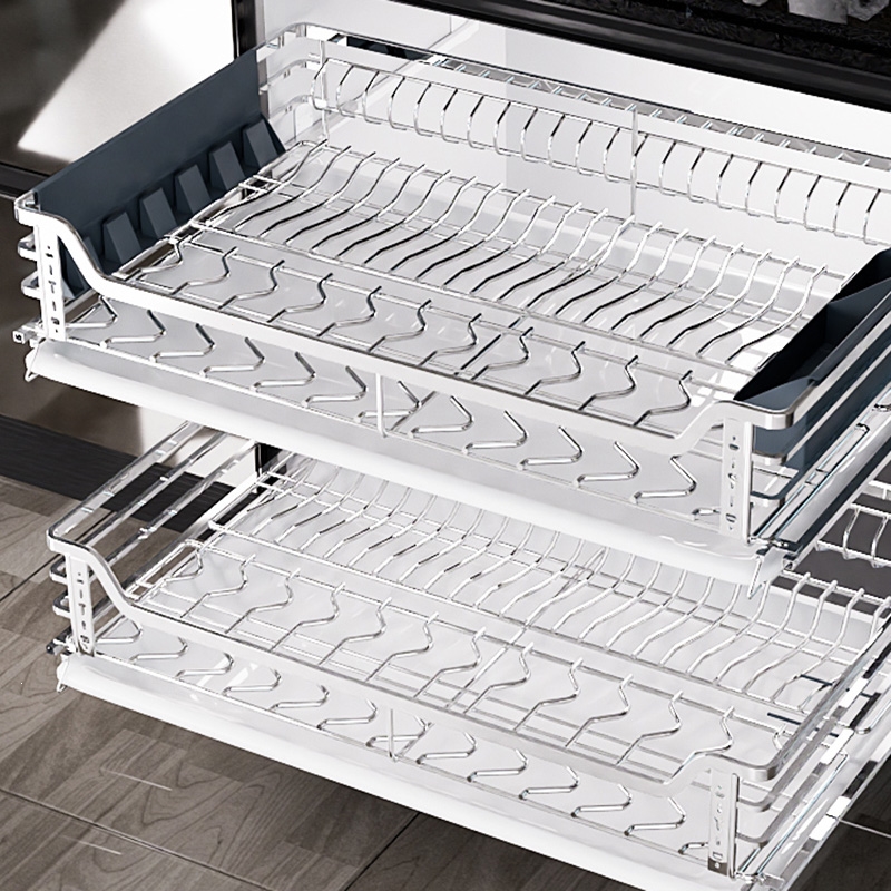 ciaa橱柜拉篮304不锈钢厨房橱柜抽屉式碗篮碗碟篮双层缓冲阻尼轨道
