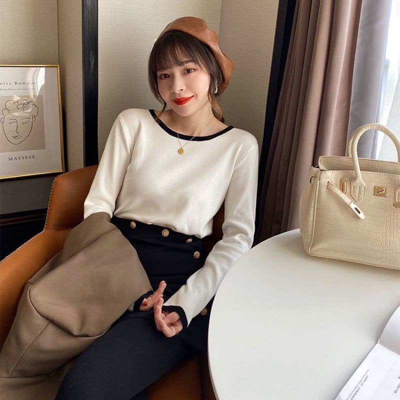 撞色长袖T恤打底衫女秋冬新款时尚百搭洋气修身内搭上衣ins图片