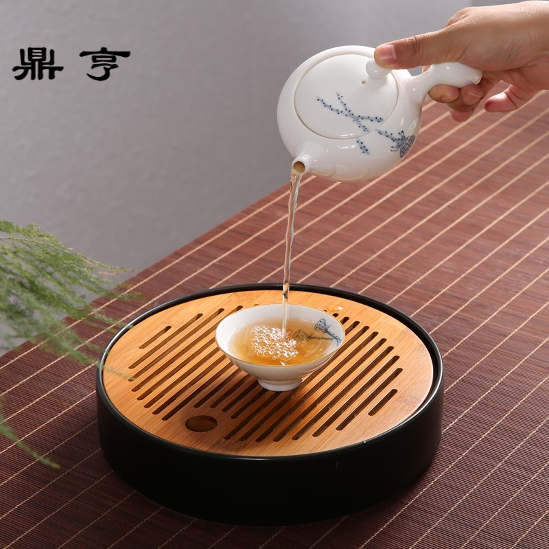 鼎亨陶瓷小号茶盘迷你竹制储水干泡台日式功夫茶具托盘茶台圆形茶