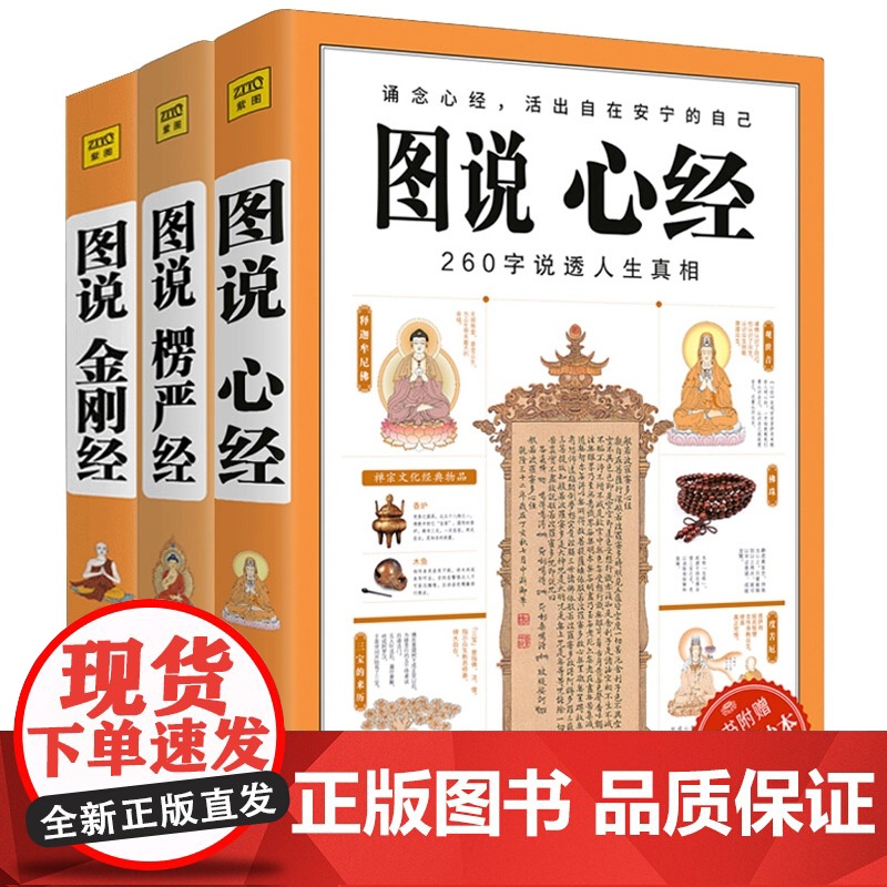 共3册 图说金刚经+心经+楞严经 全套经典图解版文白对照 佛经佛学书籍初学者入门 经典十三经原文解释 经书禅修经文 读本高清大图