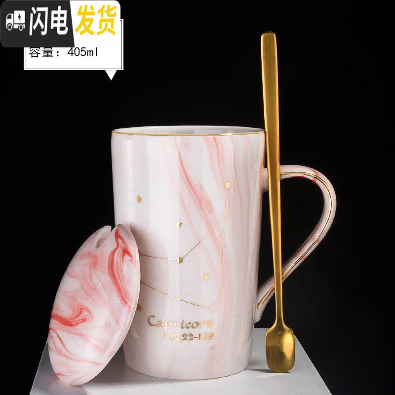 三维工匠马克杯带盖勺创意潮流个性情侣办公室女咖啡喝水杯家用陶瓷杯子男 粉色大理石纹星座-12月（摩羯）