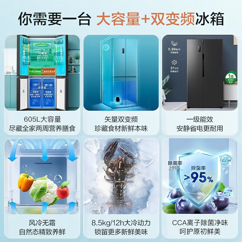 容声(Ronshen)对开门冰箱605升大容量一级能效风冷无霜CCA离子除菌净味 BCD-605WD11HP