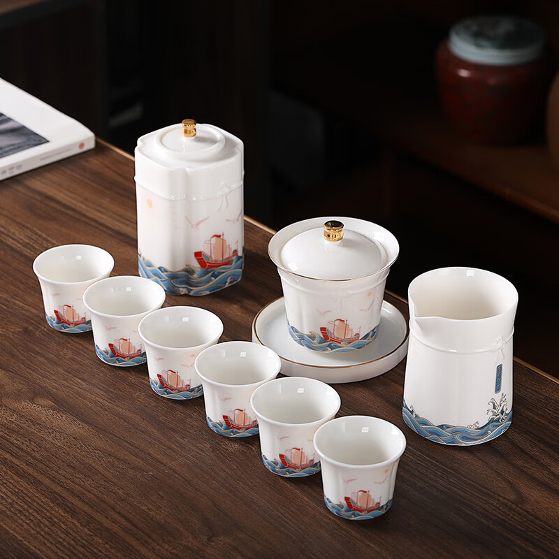 四海升平国风陶瓷茶具办公室茶具 居家会客茶艺用品 礼盒套装 10件套四海升平盖碗款S-806高清大图