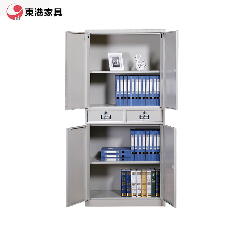 东港家具 钢制加厚办公文件柜铁皮柜财务凭证资料柜档案柜玻璃储物书柜带锁抽屉可定制灰白色 中二斗铁门文件柜