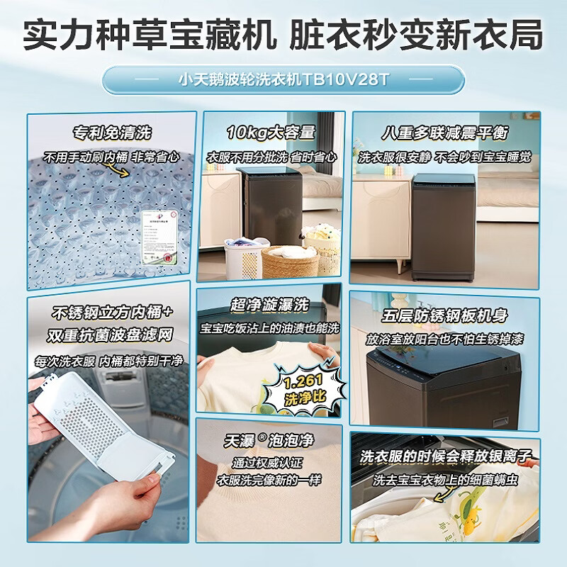 [苏宁自营]小天鹅(LittleSwan)波轮洗衣机全自动家用10公斤 宿舍租房神器智能预约一键智洗TB10V28T高清大图