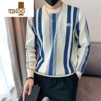 YANXU百搭撞色蓝杏竖条纹男士长袖卫衣男新款潮流圆领针织衫男港风毛衣
