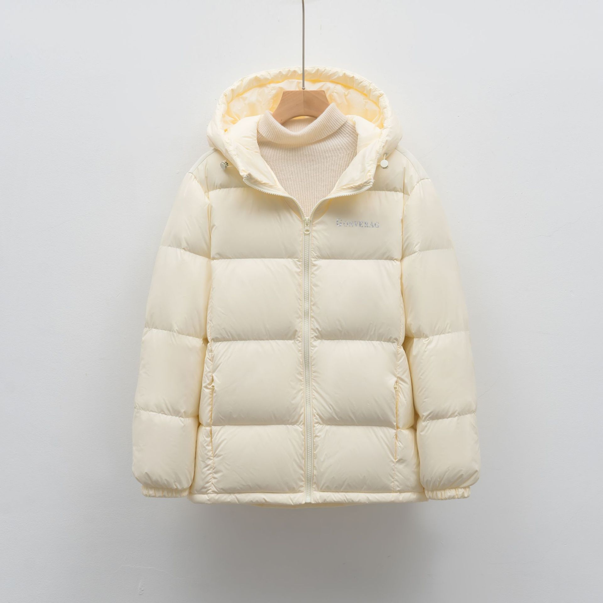 休闲鸭绒短款面包服羽绒服女连帽加厚冬季简约纯色外套_331 浅黄色 XL