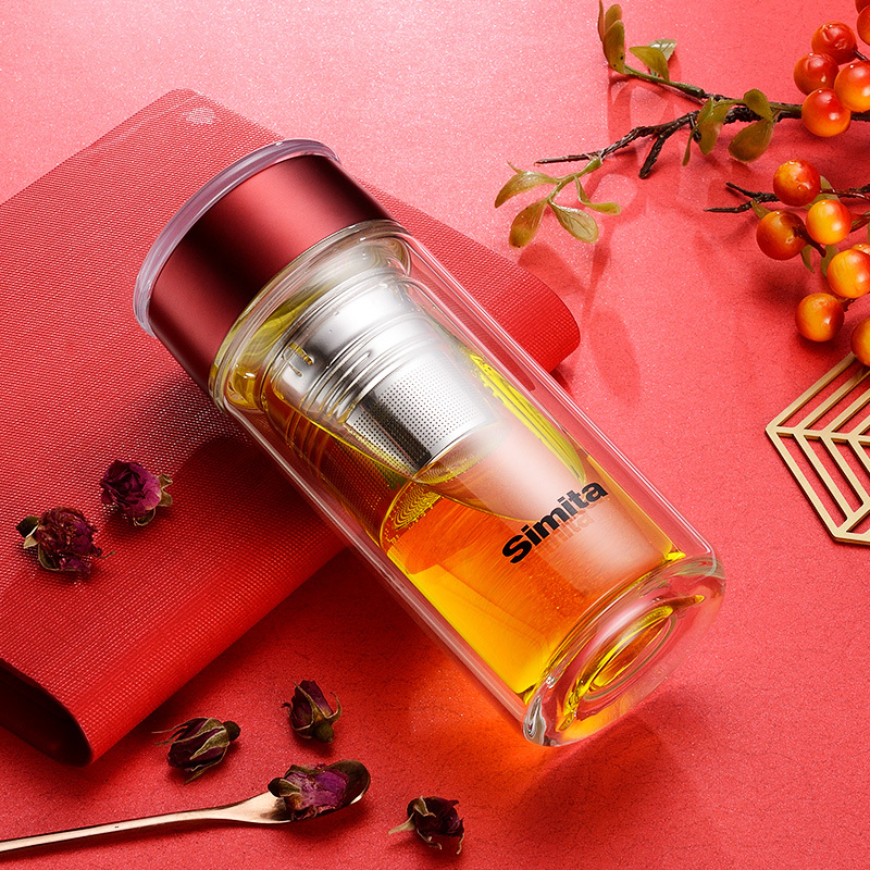 红色simita水星浮莲双层玻璃杯便携茶水分离泡茶杯子德国隔热防烫水杯