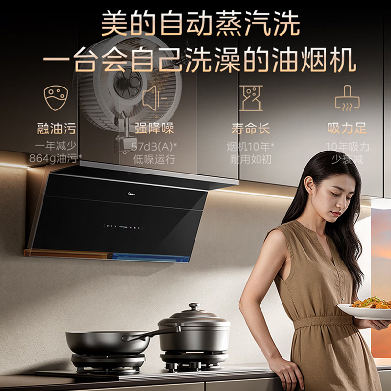 美的(Midea)[小西梅PRO]抽油烟机家用32立方大吸力1500PA变频大静压自动高温蒸汽洗油烟机AK11 Pro高清大图