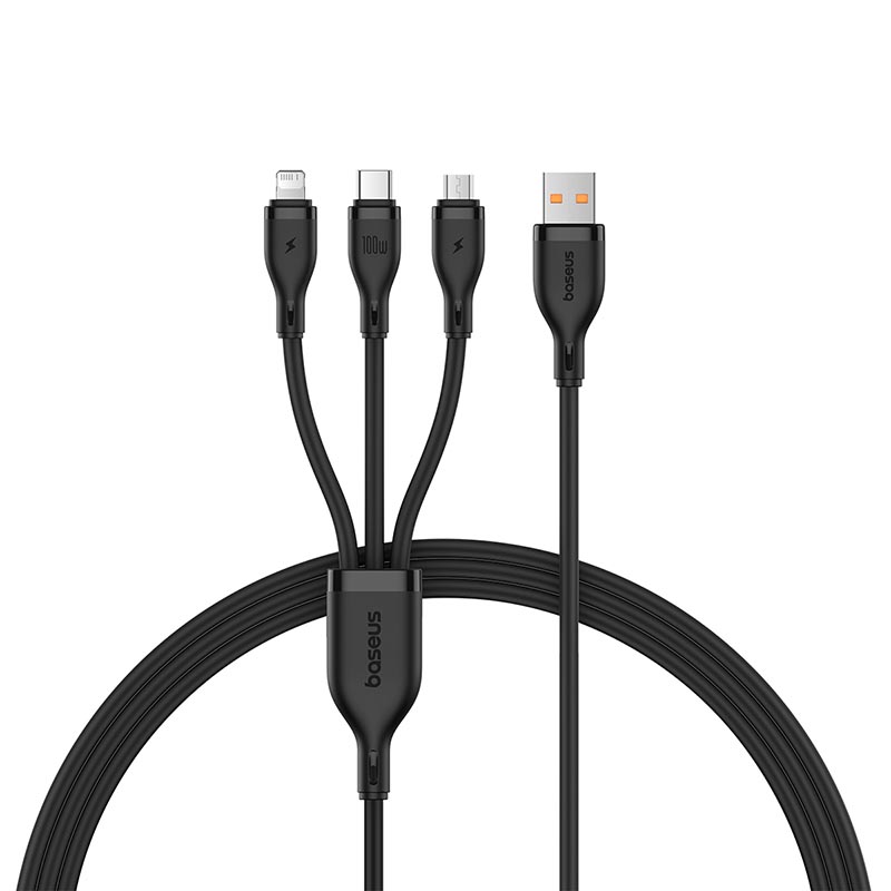 倍思(BASEUS) Q弹系列 一拖三快充数据线 USB to M+L+C 100W 1.5m 星曜黑