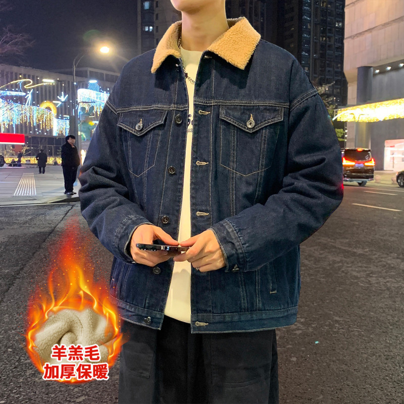 [2.5折价156元]唐狮男士外套秋冬牛仔外套男翻领拼接仿羊羔毛短款牛仔厚外套男装外套