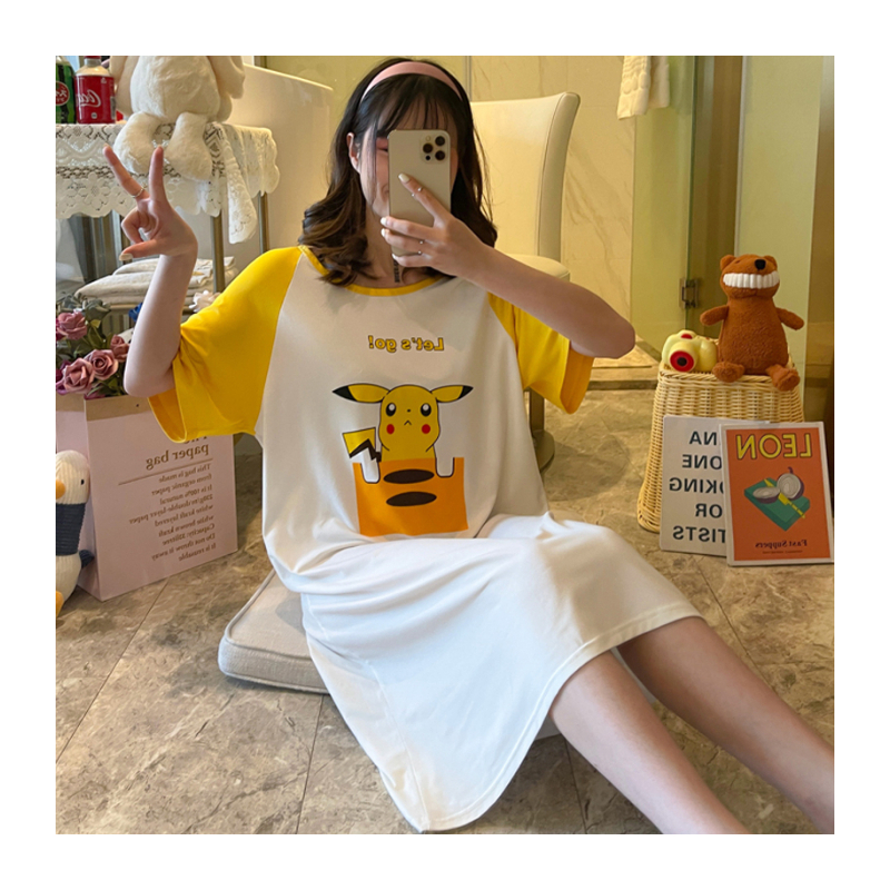 睡衣女夏韩版纯棉可爱卡通孕妇薄款宽松开心猫夏天短袖学生睡裙
