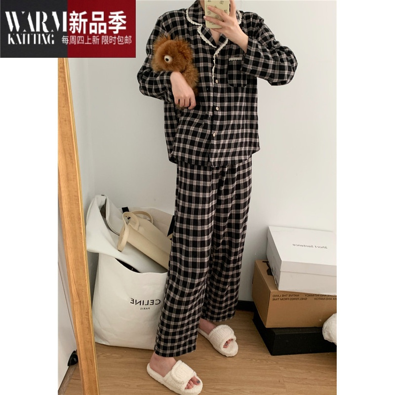 SHANCHAO林允儿同款睡衣女款棉麻舒适慵懒格子高级感家居服套装可外穿