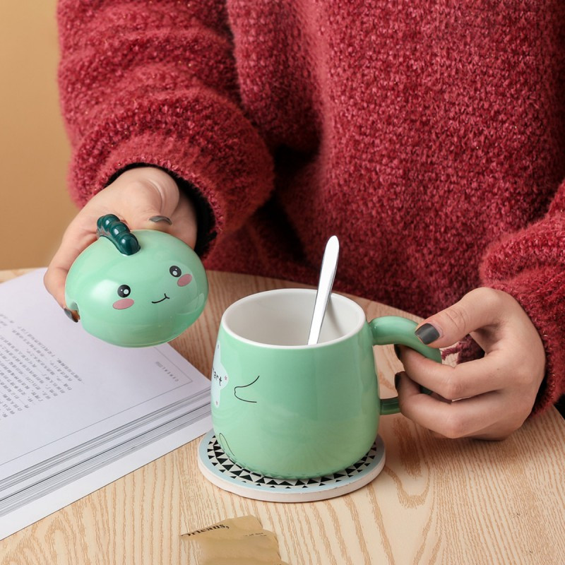 贝瑟斯 小恐龙陶瓷可爱带盖勺创意潮陶瓷牛奶杯杯子马克杯水杯