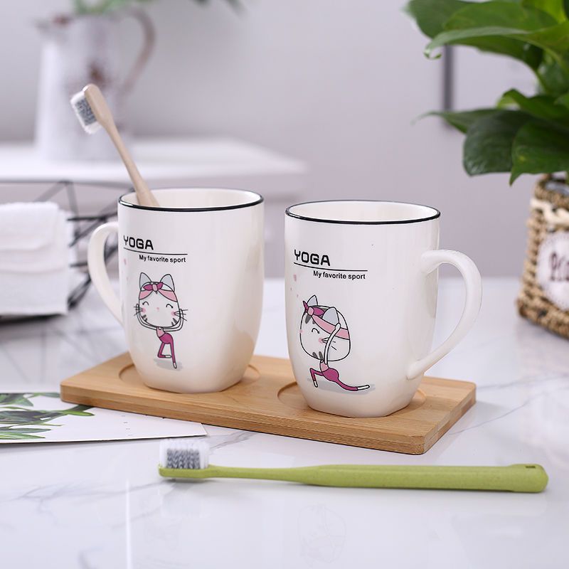 儿童刷牙杯子洗漱杯陶瓷套装卡通可爱漱口杯ins风情侣创意家用杯|猪猪3+4+牙膏杯(不带木托送牙刷