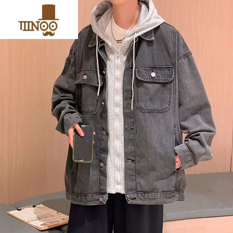 YANXU痞帅牛仔夹克男秋季潮牌ins连帽宽松百搭外套潮流韩版假上男高清大图