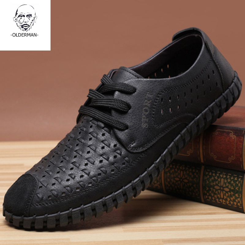 老人头2020新款夏季凉鞋男真皮透气男士休闲鞋男皮鞋镂空洞洞皮凉鞋男