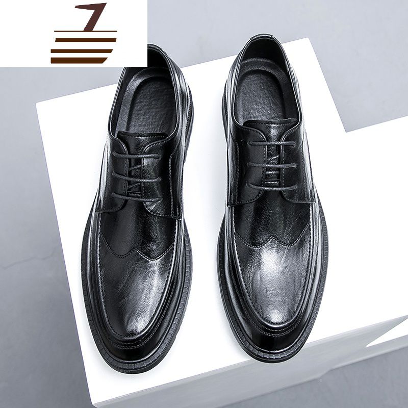 尗卡男士商务休闲皮鞋男韩版潮流尖头黑色正装青年英伦内增高新郎男鞋