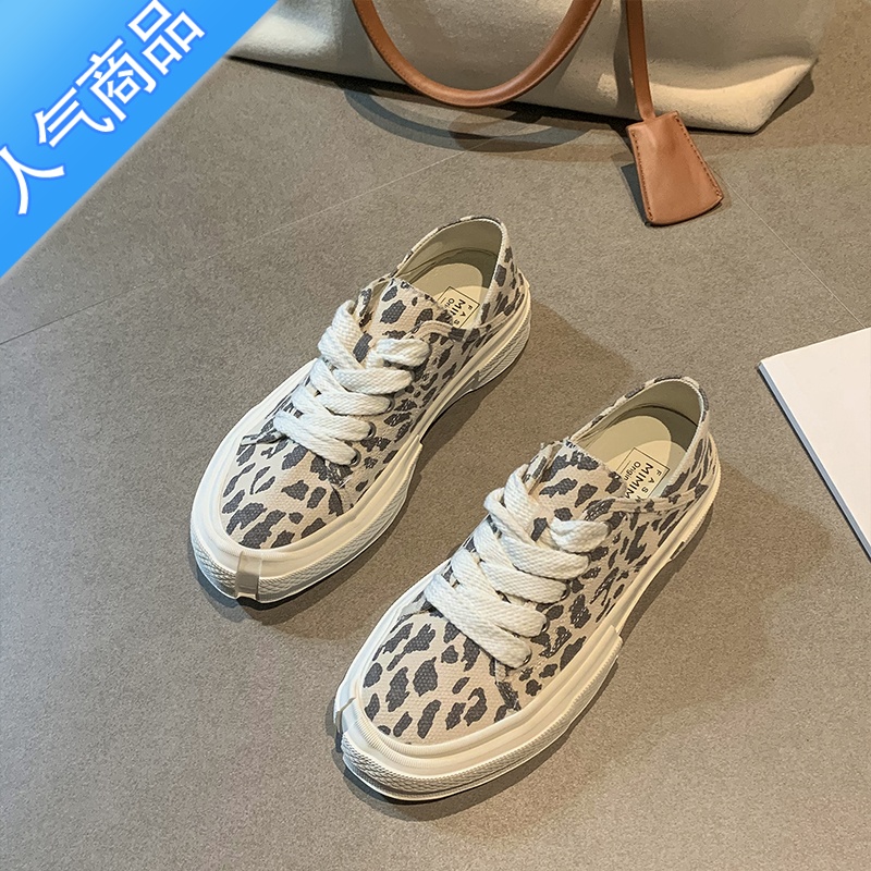 SUNTEK帆布鞋平底女2023新款春季小众豹纹厚底ins潮休闲运动鞋春秋板鞋高清大图