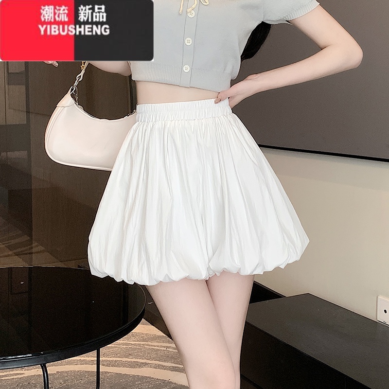 YIBUSHENG泡泡花苞短裤裙女季薄款2024年新款高腰显瘦a字蓬蓬灯笼休闲笼 S 白色