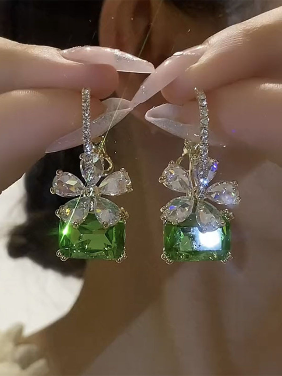 轻奢微镶锆石花朵耳坠耳环气质百搭冷高级奢华小清新绿色水晶耳饰送女朋友老婆情人节七夕生日礼物