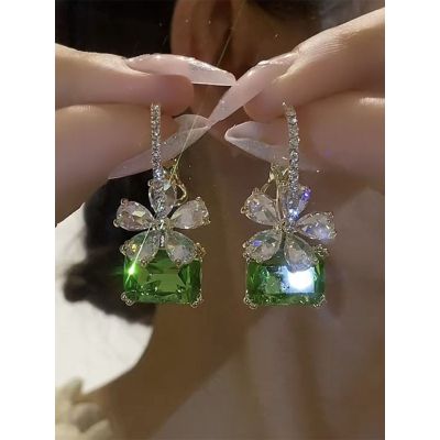 轻奢微镶锆石花朵耳坠耳环气质百搭冷高级奢华小清新绿色水晶耳饰送女朋友老婆情人节七夕生日礼物 金色银针