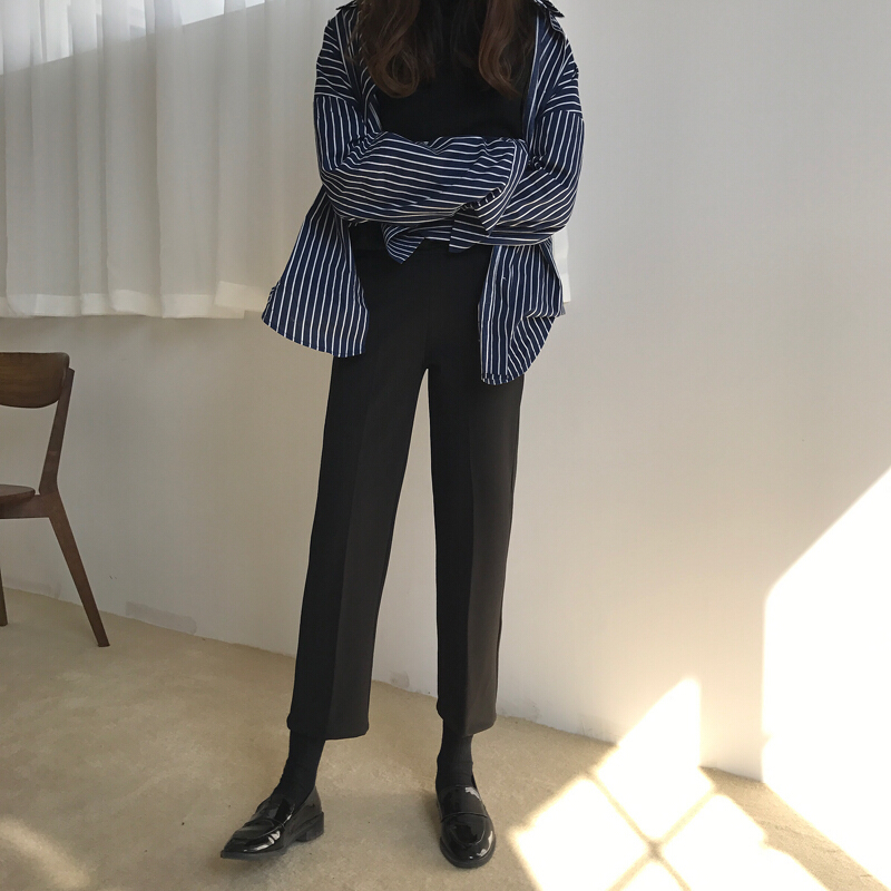 春季韩版女装百搭高腰西装裤宽松显瘦直筒裤纯色休闲裤女九分裤黑色