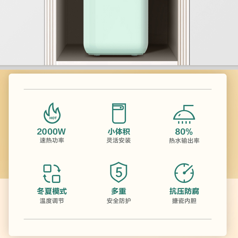 美的小厨宝5L储水式热水器家用厨房卫生间小型迷你电热水器20A1C淡雅绿