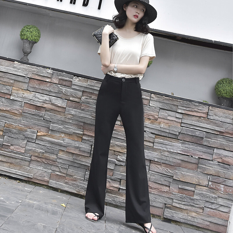 夏季显瘦高腰小喇叭裤长裤女加长腿微喇叭拖地裤阔腿西装微喇裤薄黑色