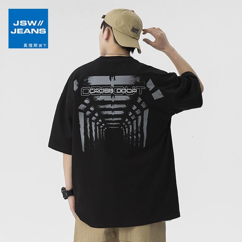 真维斯旗下JSW潮牌帅气短袖男夏季T恤纯棉宽松潮流百搭男装上衣服 黑色 3XL