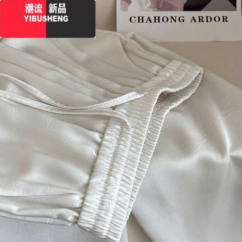 YIBUSHENG国风醋酸阔腿裤女季缎面直筒裤提花中式2024薄款新款高腰休闲裤