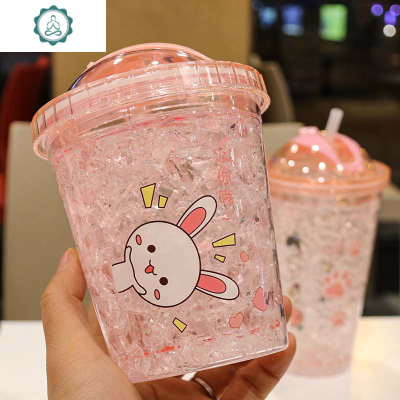 夏日碎冰杯带吸管抖音便携水杯女学生ins冰杯双层制冷冰镇塑料杯封后