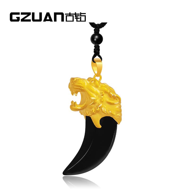 GZUAN古钻珠宝霸气虎头黄金足金3D硬金黑玛瑙虎牙造型男款吊坠
