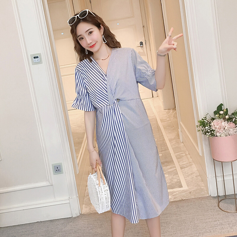 迪鲁奥(DILUAO)2021孕妇夏季短袖连衣裙时尚V领可哺乳衬衫裙辣妈夏季条纹孕妇裙