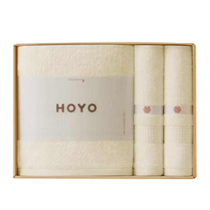 HOYO毛浴套装3502防尘塑封不掉毛臻品长绒棉礼盒3件套乳白