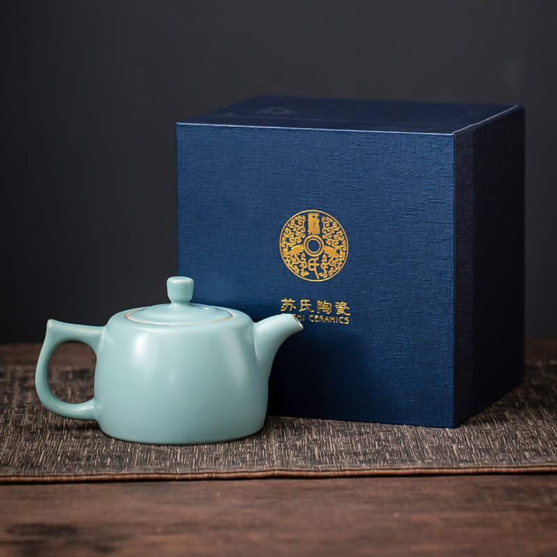 苏氏陶瓷(SUSHI CERAMICS)汝窑井栏泡茶壶开片可养金线汝瓷茶壶礼盒装180ml