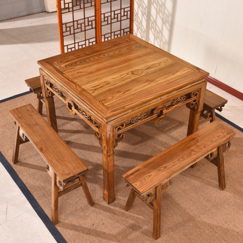 唐臻中式实木八仙桌餐厅桌椅组合榆木餐桌原木四方桌正方形饭店小方桌