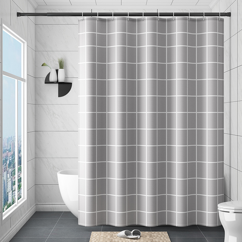 浴室防水浴帘卫生间帘子洗澡日本淋浴房隔断帘挂帘套装c灰色格子墙距